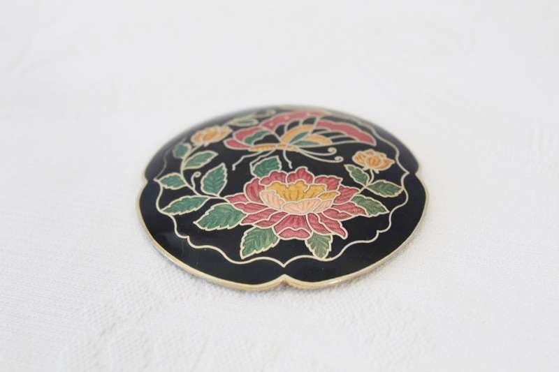 VINTAGE CLOISONNE ENAMEL BUTTERFLY GOLD PLATED BLACK BELT BUCKLE