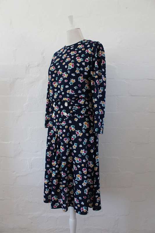VINTAGE NAVY BLUE FLORAL PRINT LONG SLEEVE DRESS - SIZE 12