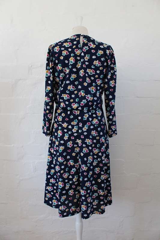 VINTAGE NAVY BLUE FLORAL PRINT LONG SLEEVE DRESS - SIZE 12