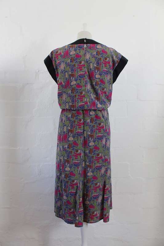 VINTAGE ABSTRACT PRINTED PINK BLACK DAY DRESS - SIZE 14
