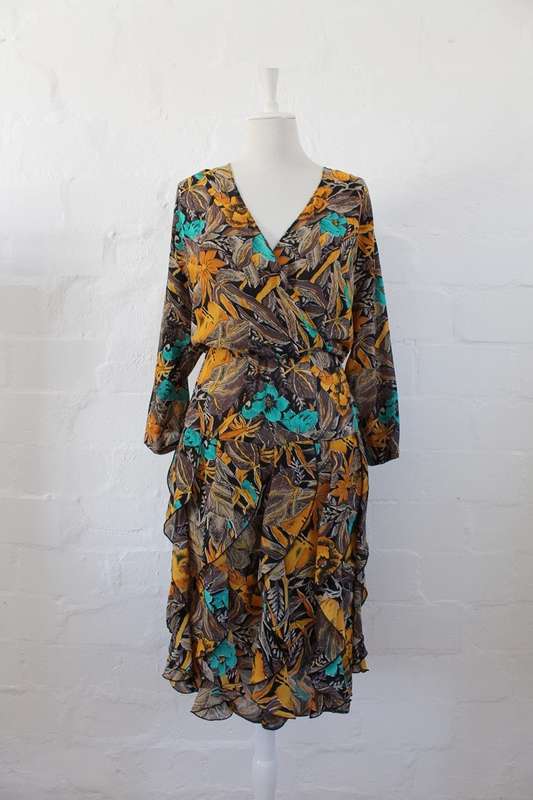 VINTAGE FLORAL PRINT YELLOW BROWN RUFFLED COCKTAIL DRESS - SIZE 12