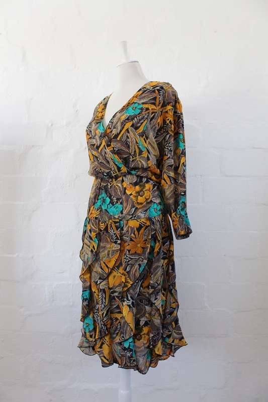 VINTAGE FLORAL PRINT YELLOW BROWN RUFFLED COCKTAIL DRESS - SIZE 12