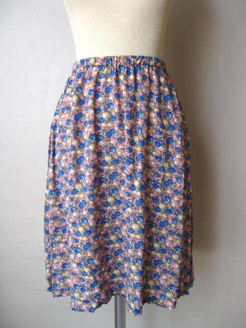 VINTAGE FLORAL PRINT PINK BLUE FLOWER HIGH WAIST ELASTICATED SKIRT - SIZE S/M