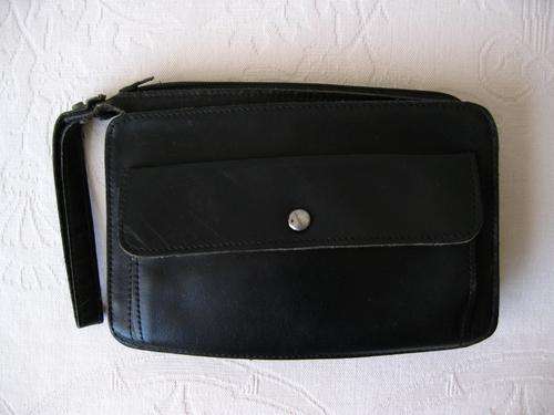 VINTAGE UNISEX GENUINE LEATHER BLACK SMALL CLUTCH WRIST BAG PURSE