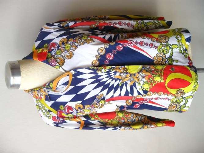 VINTAGE SCARF CHAIN PRINT RED BLUE GOLD SHIRT TOP BLOUSE - SIZE L