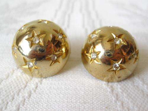VINTAGE STAR DIAMANTE RHINESTONE GOLD PLATED CIRCLE CLIP-ON EARRINGS