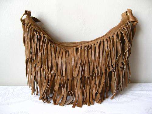 GENUINE LEATHER TAN BROWN FRINGE HOBO SLING HANDBAG BAG
