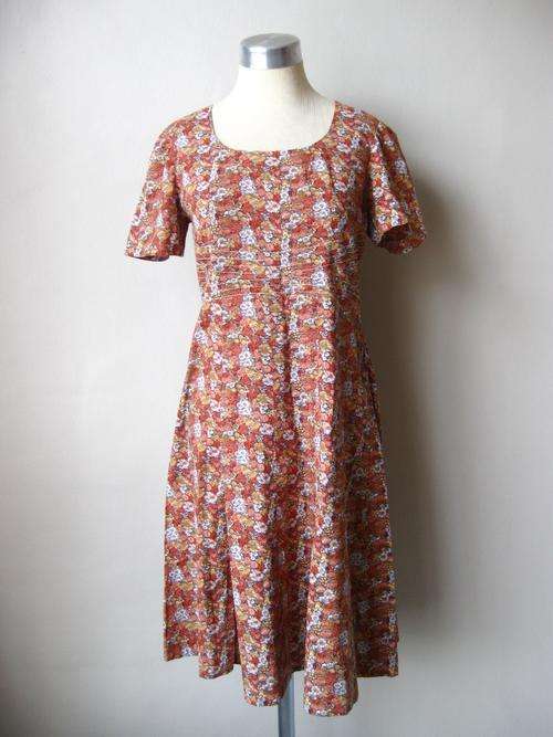 VINTAGE FLORAL PRINT BROWN DRESS - SIZE 14