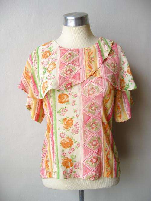 *CLEARANCE SALE* VINTAGE FLORAL PRINT ORANGE PINK LAYERED BUTTON BACK BLOUSE SHIRT TOP - SIZE 12