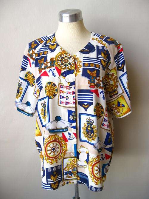 VINTAGE NAUTICAL MARINE PRINT BLOUSE SHIRT TOP - SIZE 12