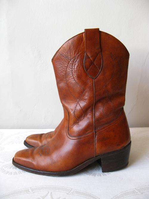 WOMEN'S VINTAGE GENUINE LEATHER TAN BROWN COWBOY RIDING BOOTS - SIZE 7
