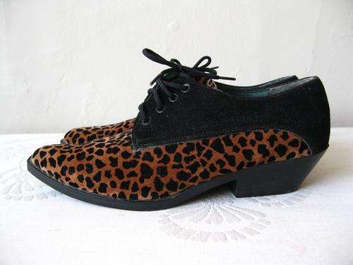 VINTAGE LEOPARD PRINT SUEDE BLACK BROGUES ANKLE BOOTS SHOES - SIZE 3 1/2