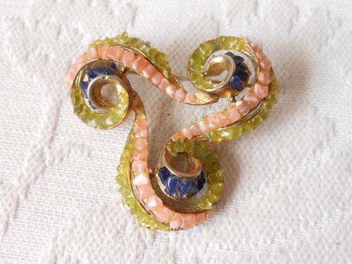 *CLEARANCE SALE* VINTAGE SEMI PRECIOUS STONE GREEN BLUE PINK GOLD PLATED BROOCH PIN
