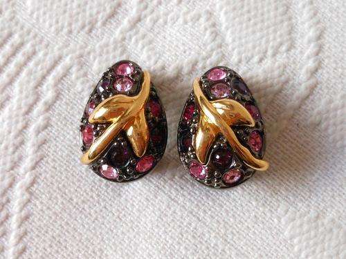 VINTAGE JOAN RIVERS DESIGNER PINK PURPLE RHINESTONE GOLD PLATED CLIP ON EARRINGS
