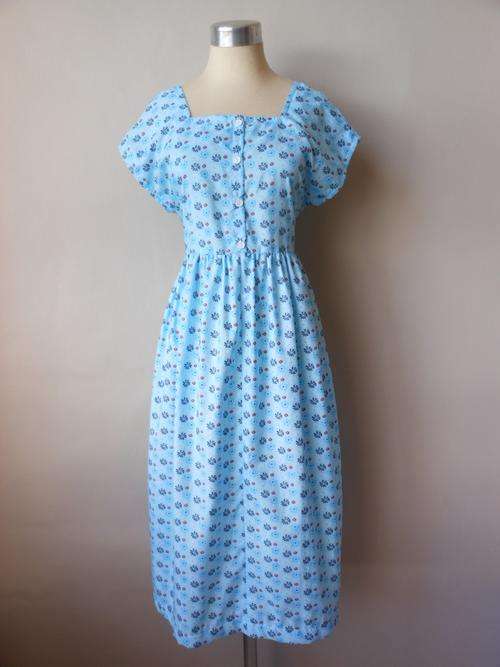 VINTAGE BABYDOLL BLUE FLORAL PRINT LONG SUMMER TEA DRESS - SIZE 12/14