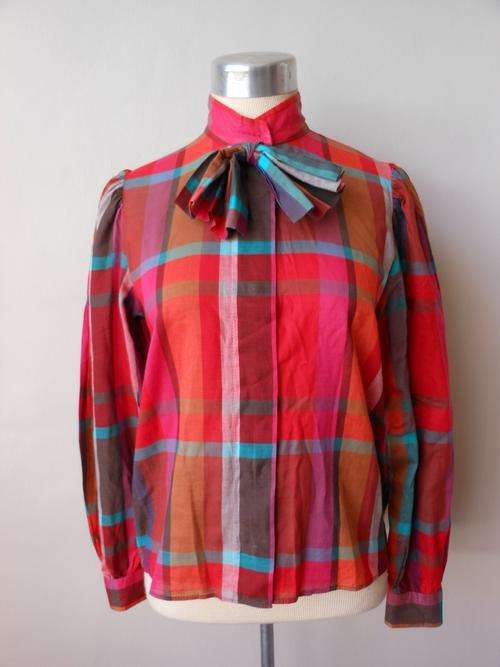 VINTAGE RED BLUE TARTAN PRINT BOWTIE SHIRT BLOUSE TOP - SIZE 12