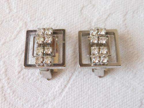 VINTAGE SILVER PLATED RHINESTONE CRYSTAL SQUARE CLIP-ON EARRINGS