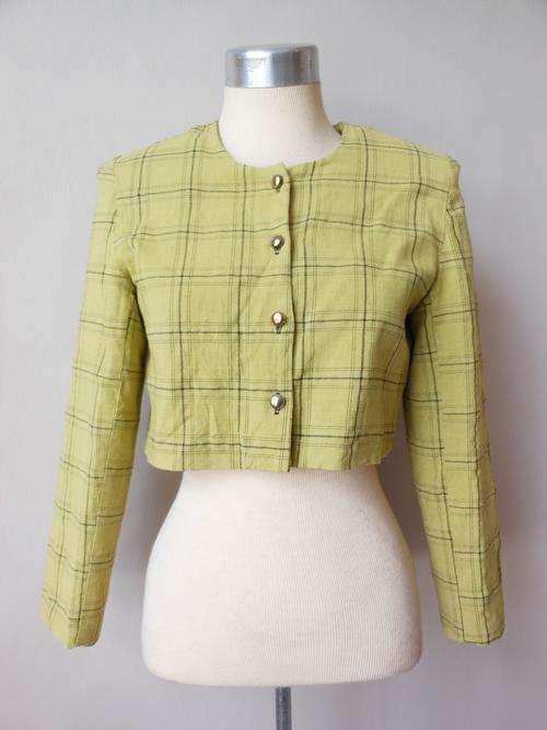 VINTAGE HIP HOP GREEN CHECK CROPPED LADIES JACKET BLAZER - SIZE S/M