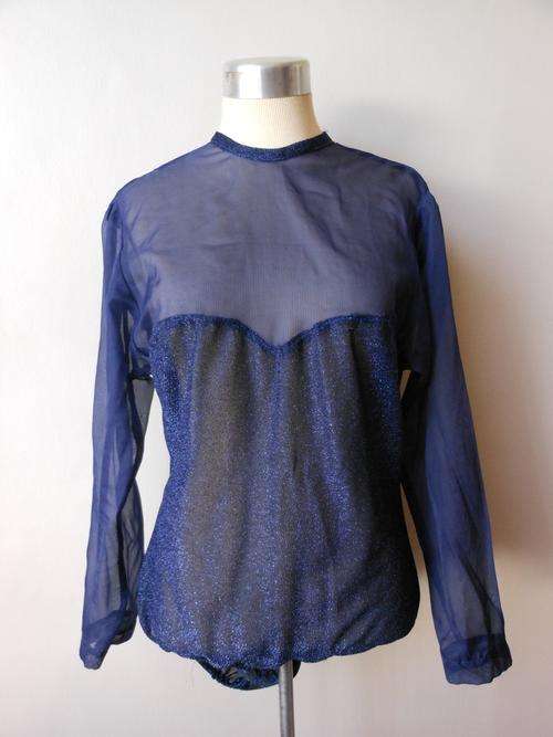 *CLEARANCE SALE* VINTAGE BLUE SHEER LONG SLEEVE SHIMMER BODY SUIT TOP - SIZE L