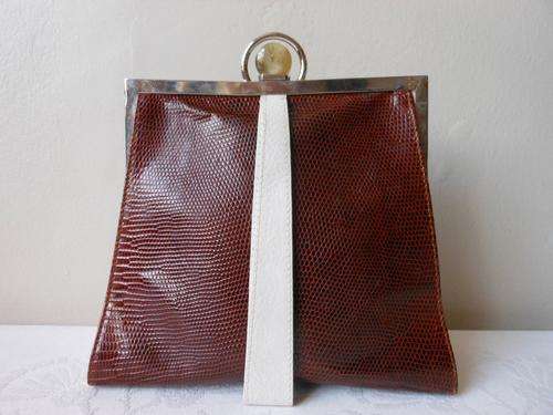 *GENUINE LIZARD SKIN* VINTAGE DESMO LEATHER WHITE BROWN BOX FRAME CLUTCH HANDBAG BAG - ITALY