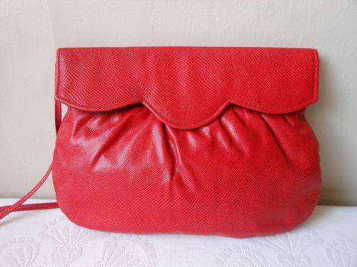 VINTAGE GENUINE LEATHER RED LIZARD SKIN SLING HANDBAG BAG