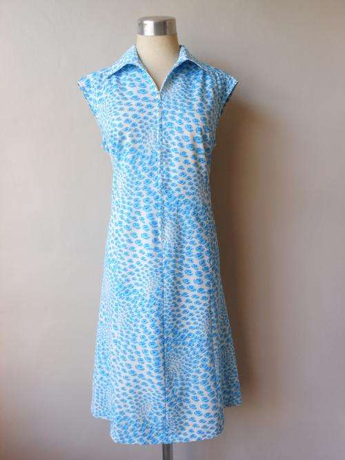 *CLEARANCE SALE* VINTAGE FLORAL PRINT BLUE WHITE ZIP COLLAR DAY DRESS - SIZE 14