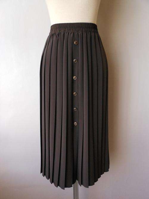VINTAGE BROWN PLEATED BUTTONED ELASTIC HIGH WAIST SKIRT - SIZE SMALL