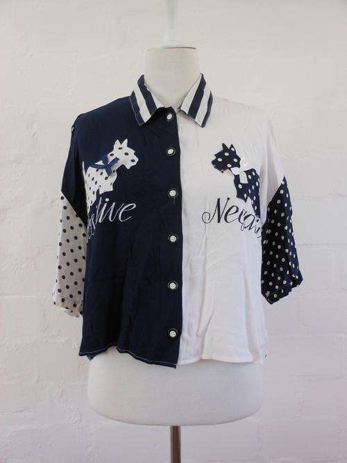 VINTAGE SCOTTISH TERRIER SCOTTY DOG NAVY WHITE POLKA DOT BLOUSE SHIRT TOP - SIZE XL