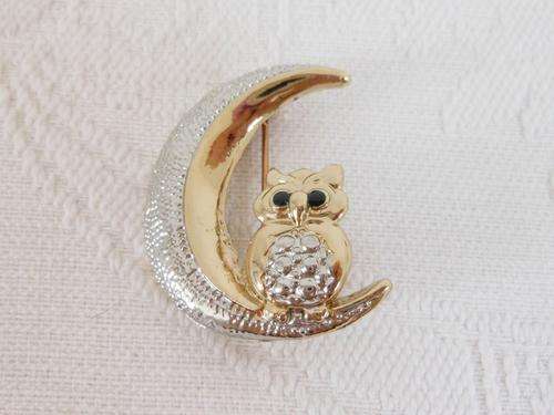 VINTAGE MOON OWL BIRD SILVER GOLD PLATED BROOCH PIN