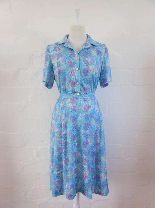 VINTAGE FLORAL PRINT BLUE PURPLE TIE WAIST DAY DRESS - SIZE 16