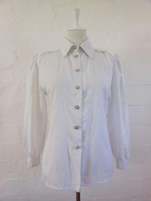 VINTAGE WHITE CROCHET LACE TRIM LONG SLEEVE BLOUSE SHIRT TOP - SIZE 12
