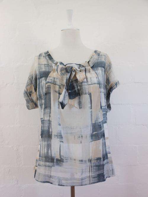 W COLLECTION SILK COTTON STRIPED PRINT SHORT SLEEVE BLUE CREAM BLOUSE TOP - SIZE 18