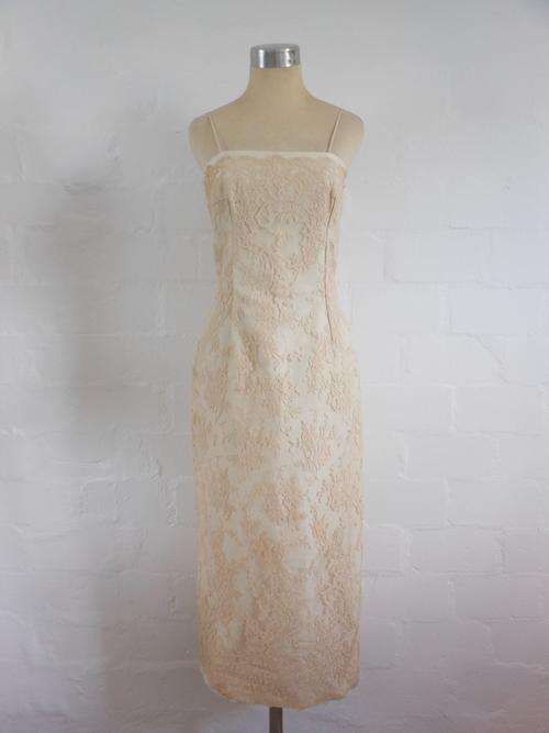 VINTAGE LACE OVERLAY CREAM IVORY SPAGHETTI STRAP COCKTAIL FORMAL WEDDING GOWN DRESS - SIZE 10