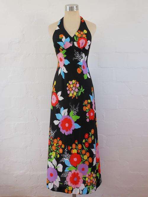 VINTAGE HALTER NECK BLACK RED FLORAL PRINT COCKTAIL MAXI LONG DRESS - SIZE 6