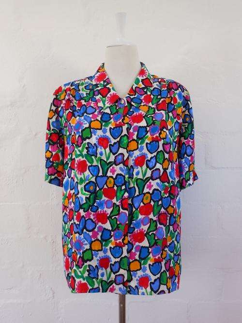 *SOLANGE MONDOR* SWISS MADE DESIGNER VINTAGE 100% SILK FLORAL BLOUSE SHIRT TOP - SIZE 16
