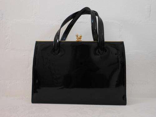 VINTAGE MAMSELLE PATENT BLACK LARGE KELLY STYLE HANDBAG BAG