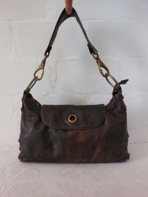 GENUINE LEATHER WOOLWORTHS BROWN DISTRESSED STUDDED TOTE SHOULDER HANDBAG BAG