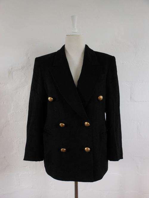 *JAEGER* PURE NEW WOOL VINTAGE BLACK DOUBLE BREASTED LADIES JACKET COAT - SIZE MEDIUM