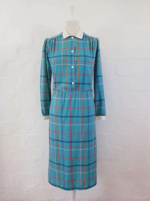 VINTAGE TURQUOISE PLAID STRIPED GREEN BLUE LONG SLEEVE DRESS - SIZE 12