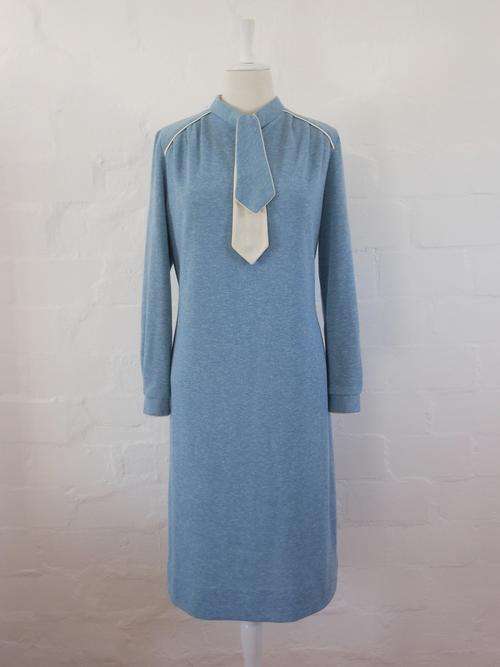 VINTAGE JANE LANFORD BLUE CREAM PUSSYBOW TIE NECK LONG SLEEVE DRESS - SIZE 14