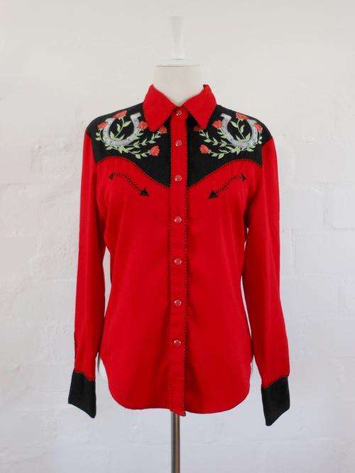 *NEW YEAR SALE - 50% OFF* *SCULLY* COWBOY STYLE RED BLACK EMBROIDERED LADIES SHIRT TOP - SIZE MEDIUM