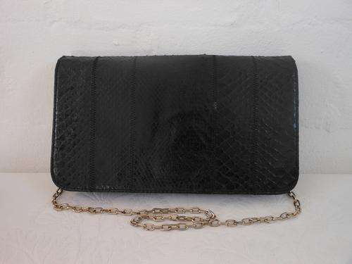 *GENUINE SNAKE SKIN* VINTAGE LEATHER BLACK CHAIN CLUTCH BAG HANDBAG