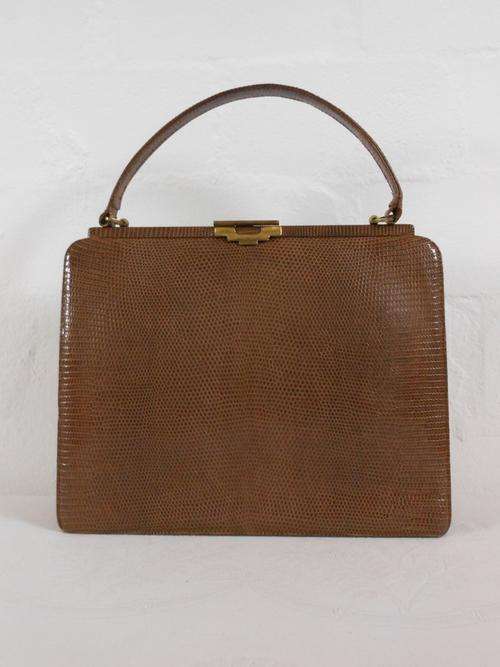 *GENUINE LIZARD SKIN* VINTAGE LEATHER BROWN TAN LARGE KELLY STYLE HANDBAG BAG