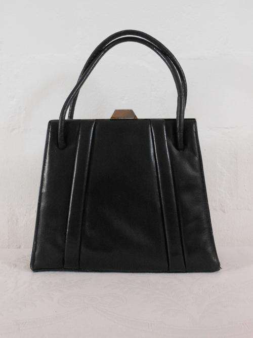 VINTAGE GENUINE LEATHER BLACK KELLY STYLE BOX PURSE HANDBAG BAG