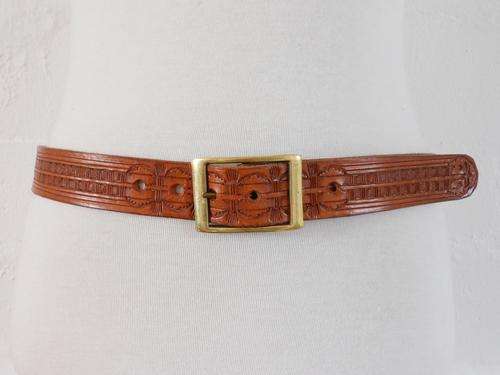 VINTAGE TAN BROWN TOOLED GENUINE LEATHER BRASS BUCKLE LADIES BELT