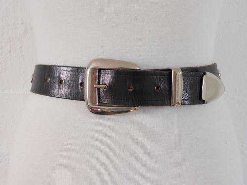 VINTAGE GENUINE LEATHER DARK BROWN SILVER PLATED BRASS BUCKLE WESTERN BELT