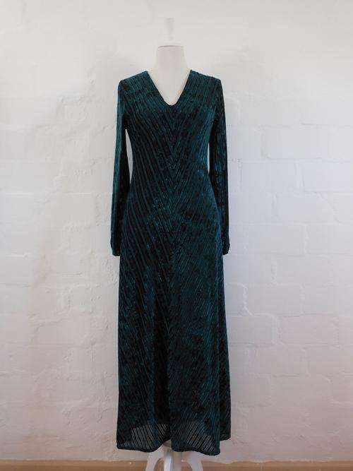 VINTAGE VELVET GREEN STRIPED LONG SLEEVE MAXI EVENING DRESS - SIZE 10