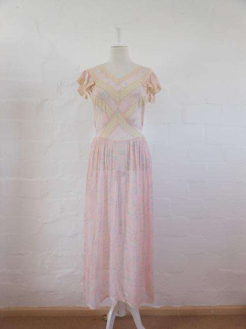 VINTAGE SILK CHIFFON LACE PINK CREAM FLORAL TIE WAIST SHEER DRESS - SIZE 12
