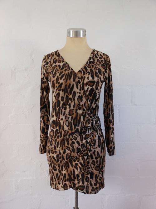 *NEW YEAR SALE - 50% OFF* NEW LEOPARD PRINT BROWN LONG SLEEVE FITTED BODYCON PARTY DRESS - SIZE XS