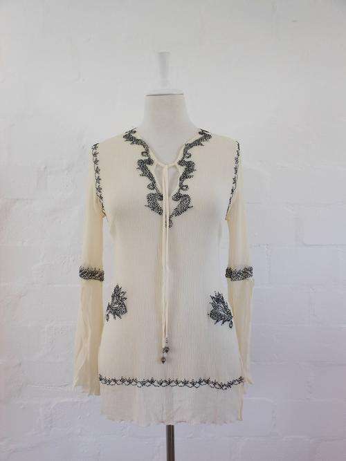100% SILK WHISTLES CREAM BLACK EMBROIDERED BLOUSE SHIRT TOP - SIZE 10